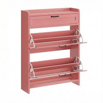 Shoe Cabinet with 2 Flip Drawers and Top Drawer High-Gloss Hidden Entryway Shoe Storage Organizer