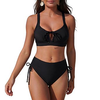 Women's Two Piece Bikini Set Front Bow Detail Side Tie High Cut Bottoms Swimsuits