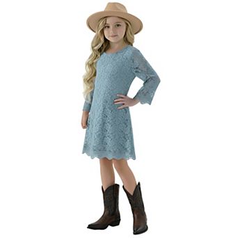 2Bunnies Girls' 12m-12yr Boho Rustic Vintage Lace Scalloped Hem 3/4 Sleeve Shift Dress