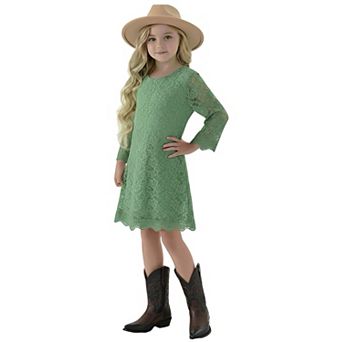 2Bunnies Girls' 7yr-12yr Boho Rustic Vintage Lace Scalloped Hem 3/4 Sleeve Shift Dress