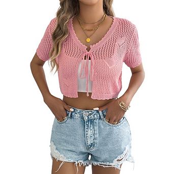 Women's Short Sleeve Crochet Shrug Tie Front Open Knit Lightweight Bolero Sweater Cropped Cardigan