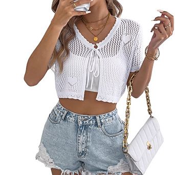Women's Short Sleeve Crochet Shrug Tie Front Open Knit Lightweight Bolero Sweater Cropped Cardigan