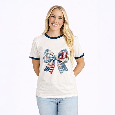 Patriotic Bow Faux Denim Patchwork - Women's Ringer Graphic T-Shirt