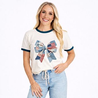 Patriotic Bow Faux Denim Patchwork - Women's Ringer Graphic T-Shirt