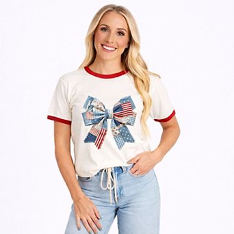 Patriotic Bow Faux Denim Patchwork - Women's Ringer Graphic T-Shirt