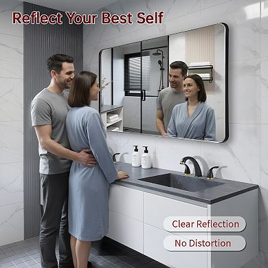 SUMERAIN 40"x32" Rounded Corner Mirror, Matte Black Metal Frame, 4mm Shatterproof Tempered Glass