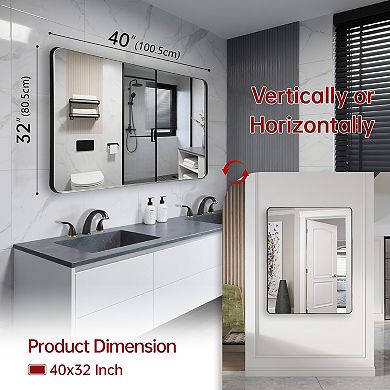 SUMERAIN 40"x32" Rounded Corner Mirror, Matte Black Metal Frame, 4mm Shatterproof Tempered Glass