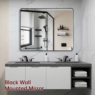 SUMERAIN 40"x32" Rounded Corner Mirror, Matte Black Metal Frame, 4mm Shatterproof Tempered Glass