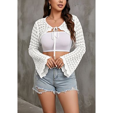 Women's Knit Shrug Tie Front Long Sleeve Cropped Cardigan