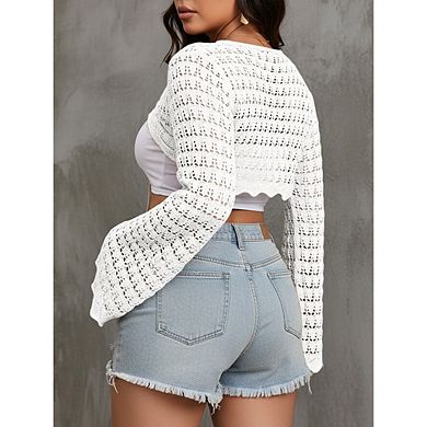 Women's Knit Shrug Tie Front Long Sleeve Cropped Cardigan