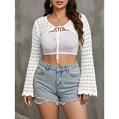 Women's Knit Shrug Tie Front Long Sleeve Cropped Cardigan