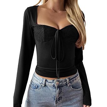 Women's Casual Lace Long Sleeve Base Shirt Stretchy Floral Blouse Shirts Going Out Crop Top