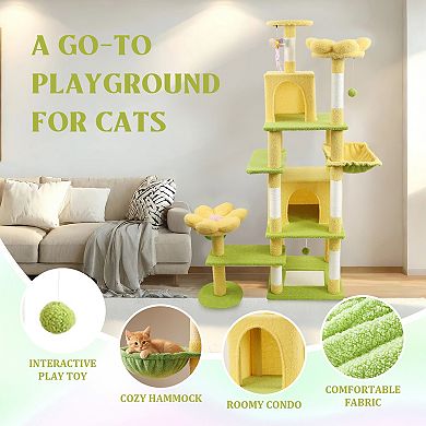 Whisen Flower Cat Tree with Large Condo, Hammock and Removable Flower Cushion