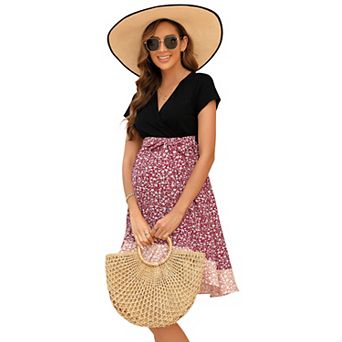 Women's Maternity V-Neck Short Sleeve High Waist Dress
