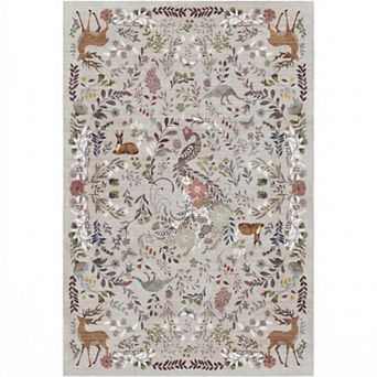 Whimsical Forest Animal Area Rug Boho Deer Floral Non-Slip Decorative Rug for Living Room Bedroom