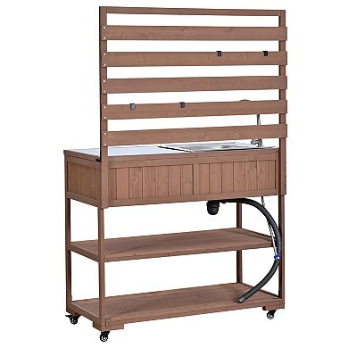 41.7 in. Solid Wood Kitchen Cart with Sink Garden Potting Bench with Stainless Table Top