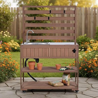 41.7 in. Solid Wood Kitchen Cart with Sink Garden Potting Bench with Stainless Table Top