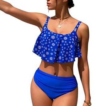 Women's Floral Print Two Piece Swimsuit Ruffle Flounce Top High Waisted Bottom Swimwear