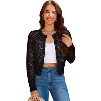 Women Casual Cropped Hollow Out Button Down Cardigan