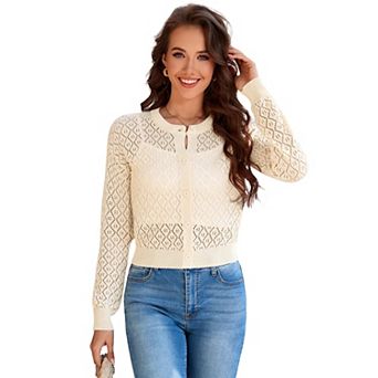 Women Casual Cropped Hollow Out Button Down Cardigan