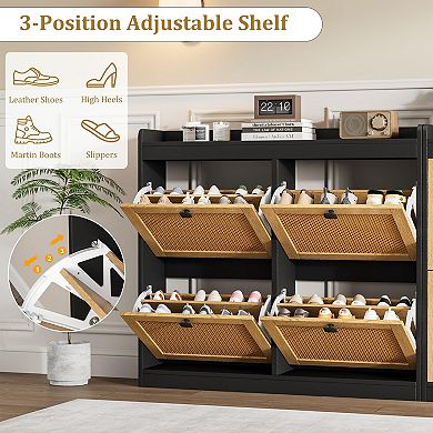 2 Pack Rattan Shoe Cabinet with 4 Flip Drawers Adjustable Shelves Freestanding Entryway Shoe Storage
