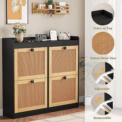 2 Pack Rattan Shoe Cabinet with 4 Flip Drawers Adjustable Shelves Freestanding Entryway Shoe Storage