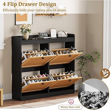 2 Pack Rattan Shoe Cabinet with 4 Flip Drawers Adjustable Shelves Freestanding Entryway Shoe Storage