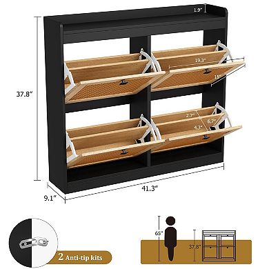 2 Pack Rattan Shoe Cabinet with 4 Flip Drawers Adjustable Shelves Freestanding Entryway Shoe Storage