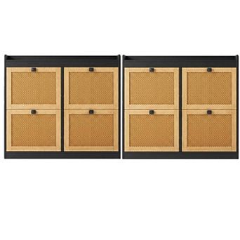 2 Pack Rattan Shoe Cabinet with 4 Flip Drawers Adjustable Shelves Freestanding Entryway Shoe Storage