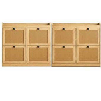2 Pack Rattan Shoe Cabinet with 4 Flip Drawers Adjustable Shelves Freestanding Entryway Shoe Storage