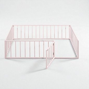 Lufeiya Full Size Metal Floor Bed Frame with Fence, Door Access, Artistic Pattern and Open Bottom