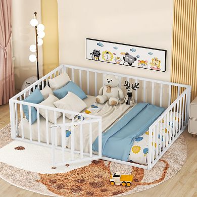 Lufeiya Full Size Metal Floor Bed Frame with Fence, Door Access, Artistic Pattern and Open Bottom