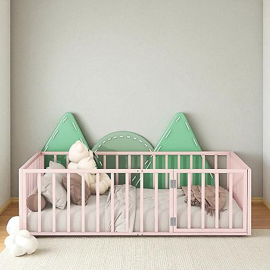 Lufeiya Full Size Metal Floor Bed Frame with Fence, Door Access, Artistic Pattern and Open Bottom