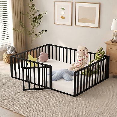 Lufeiya Full Size Metal Floor Bed Frame with Fence, Door Access, Artistic Pattern and Open Bottom