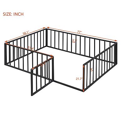 Lufeiya Full Size Metal Floor Bed Frame with Fence, Door Access, Artistic Pattern and Open Bottom