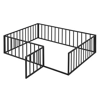 Lufeiya Full Size Metal Floor Bed Frame with Fence, Door Access, Artistic Pattern and Open Bottom