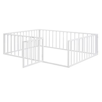 Lufeiya Full Size Metal Floor Bed Frame with Fence, Door Access, Artistic Pattern and Open Bottom