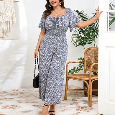 Women's Plus Size Square Neck Jumpsuit Short Sleeve Front Tie Elastic Waist Wide Leg Casual Romper