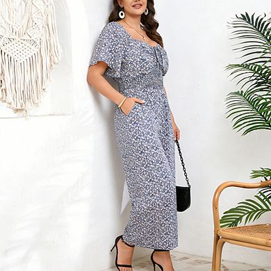 Women's Plus Size Square Neck Jumpsuit Short Sleeve Front Tie Elastic Waist Wide Leg Casual Romper