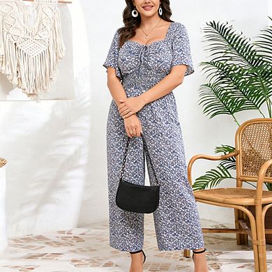 Women's Plus Size Square Neck Jumpsuit Short Sleeve Front Tie Elastic Waist Wide Leg Casual Romper