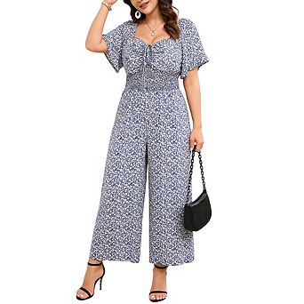 Women's Plus Size Square Neck Jumpsuit Short Sleeve Front Tie Elastic Waist Wide Leg Casual Romper