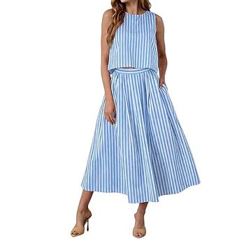 Womens 2 pc Skirt Sets Striped Sleeveless Tank Tops Midi Dress Travel Vacation Outfits Sets