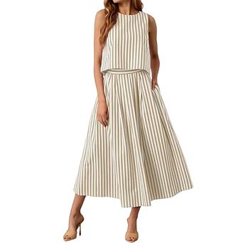 Womens 2 pc Skirt Sets Striped Sleeveless Tank Tops Midi Dress Travel Vacation Outfits Sets