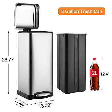 Stainless Steel Kitchen Trash Can 8 Gallon/30L - Rectangular Step Pedal Bin with Soft-Close Lid