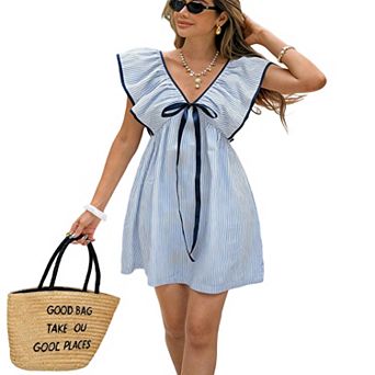 Women's V-Neck Flutter Sleeve Striped Casual Mini Dress Loose Ruffled Hem Summer Dress