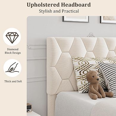 Platform Bed Frame with Adjustable Upholstered Headboard, Modern Bed Frame with Wooden Slats