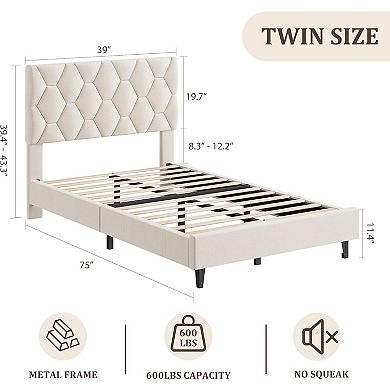 Platform Bed Frame with Adjustable Upholstered Headboard, Modern Bed Frame with Wooden Slats