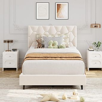 Platform Bed Frame with Adjustable Upholstered Headboard, Modern Bed Frame with Wooden Slats