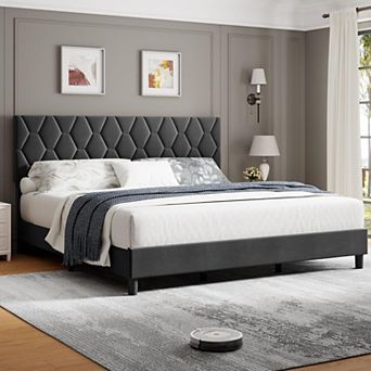 Platform Bed Frame with Adjustable Upholstered Headboard, Modern Bed Frame with Wooden Slats