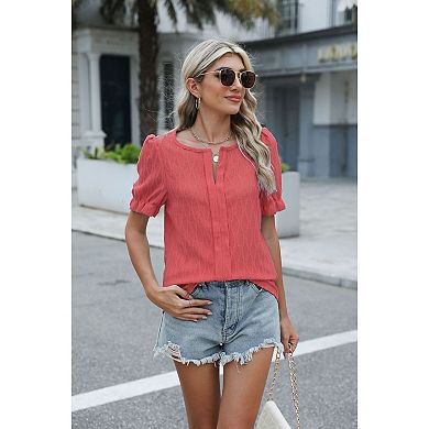 Women's Puff Short Sleeve Tops Summer V Neck Tunic Shirts Loose Blouses